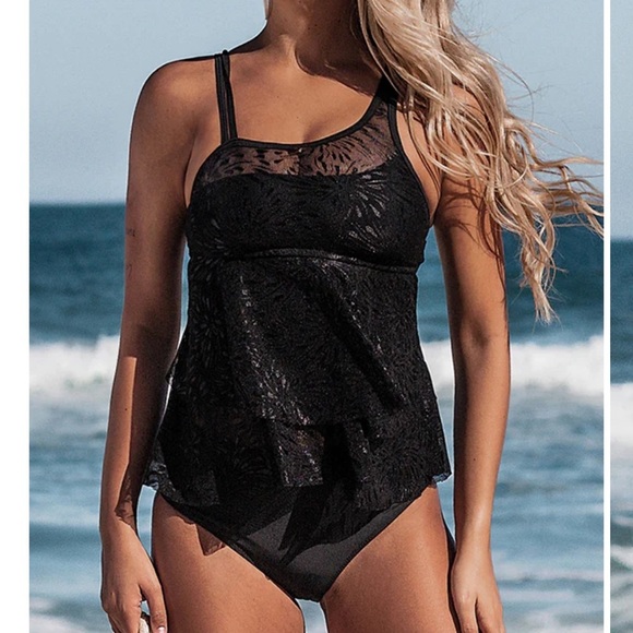 Black tankini with lace overlay and one shoulder design, new - Picture 1 of 9